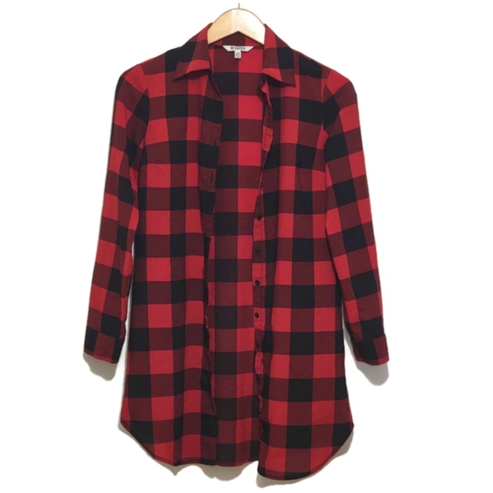 BB Dakota Buffalo Plaid Button Down Tunic Shirt Red Black XS Preppy - Picture 9 of 13